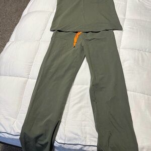 Figs Olive Green Scrub Set with Orange Accent